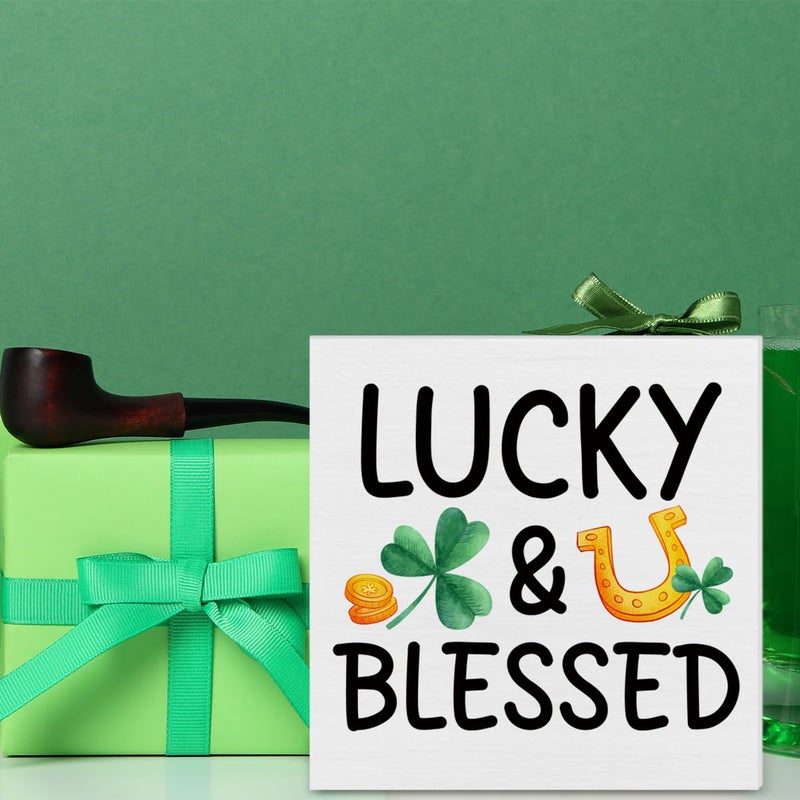 CIANMGD St. Patrick's Day Decorations  Lucky & Blessed Wooden Block Sign  Shamrock Decorations  St. Patrick's Day Home Decor for Desk Table Shelf  5 X 5 Inches - Image 3