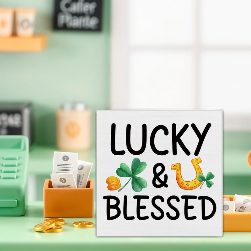 CIANMGD St. Patrick's Day Decorations  Lucky & Blessed Wooden Block Sign  Shamrock Decorations  St. Patrick's Day Home Decor for Desk Table Shelf  5 X 5 Inches - Image 4