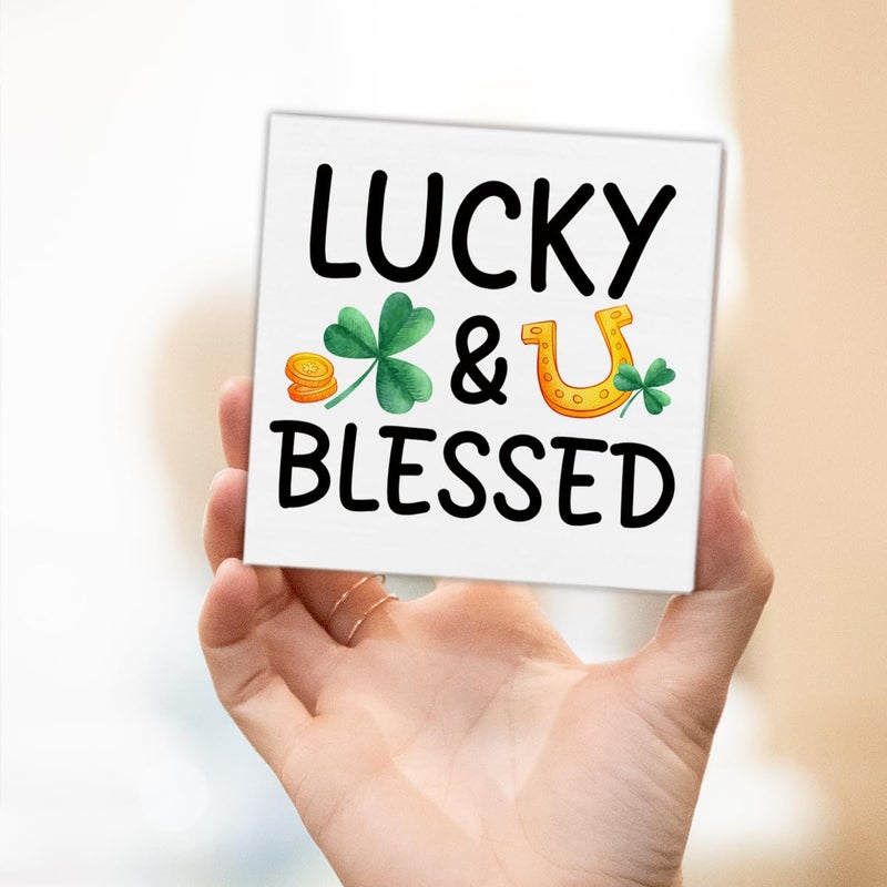 CIANMGD St. Patrick's Day Decorations  Lucky & Blessed Wooden Block Sign  Shamrock Decorations  St. Patrick's Day Home Decor for Desk Table Shelf  5 X 5 Inches - Image 5