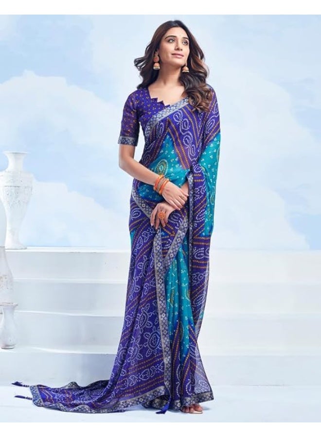 مملكة الإكسسوارات ساري شيفون مطبوع بانداني للسيدات مع بلوزة - Image 3