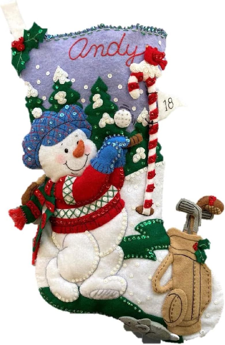 Bucilla, Golfing Snowman Christmas 18" Felt Applique Stocking Making Kit, Perfect for DIY Holiday Needlepoint Arts and Crafts, 89474E