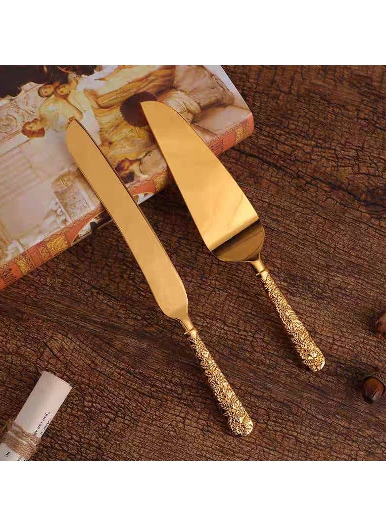 2 Pieces Cake Cutter Set With Handles Modern Design Gold  - Image 1