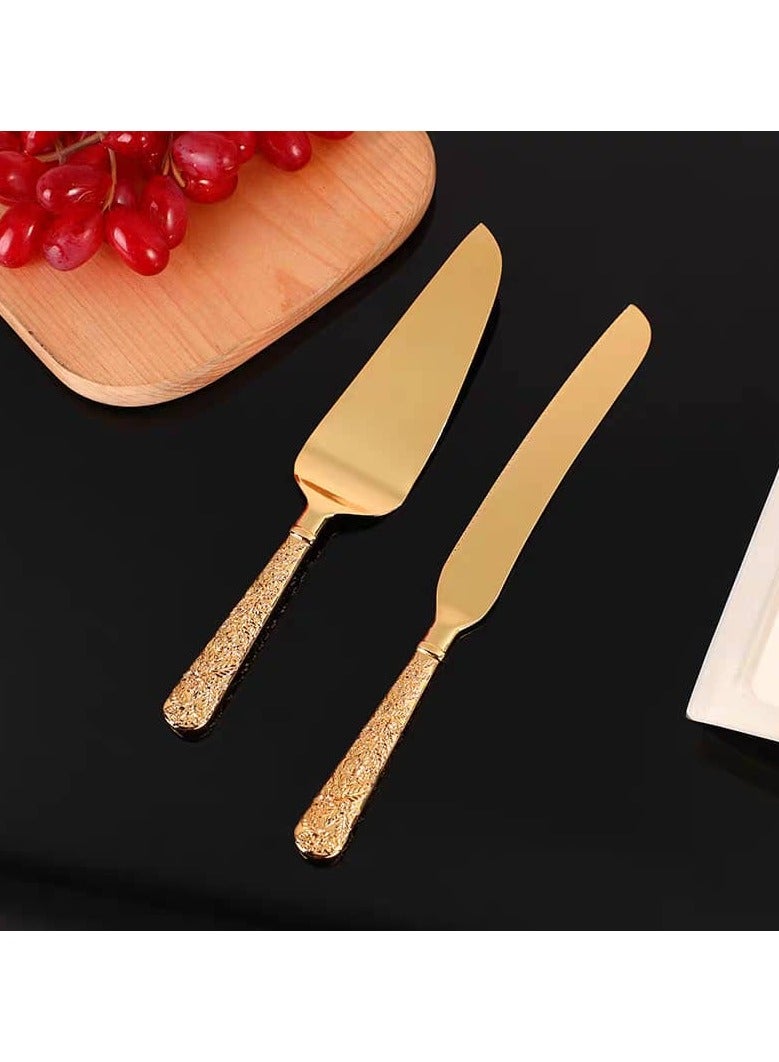 2 Pieces Cake Cutter Set With Handles Modern Design Gold  - Image 2