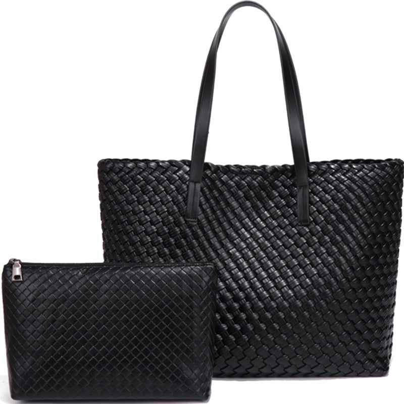 YONGLEE ARTEE Large Capacity Shoulder Handbag Women Woven Leather Tote Bag with Matching Pouch Tote Bag Travel Lightweight Black - Image 1