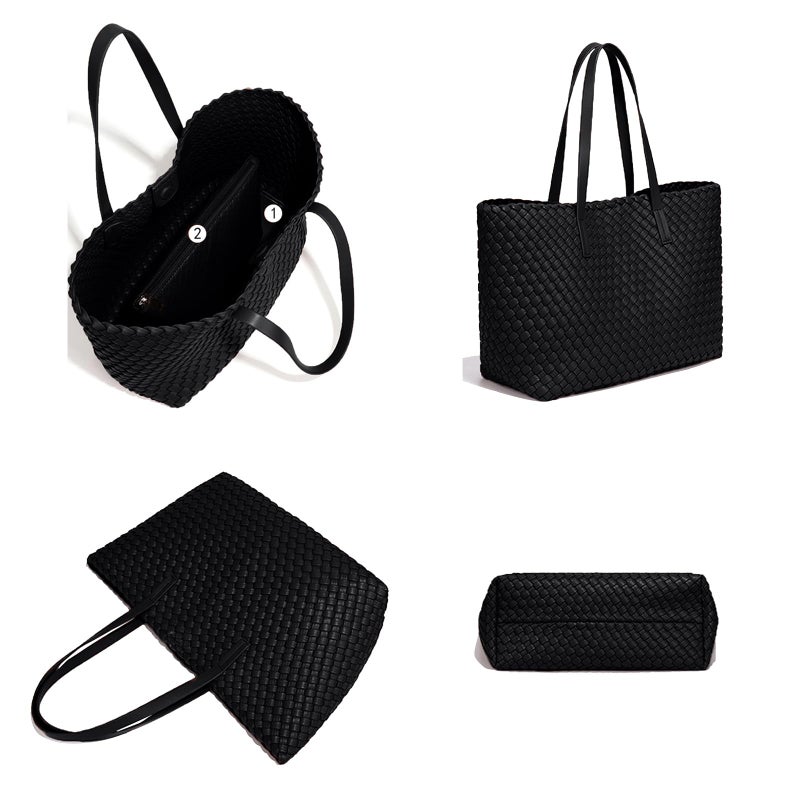 YONGLEE ARTEE Large Capacity Shoulder Handbag Women Woven Leather Tote Bag with Matching Pouch Tote Bag Travel Lightweight Black - Image 3