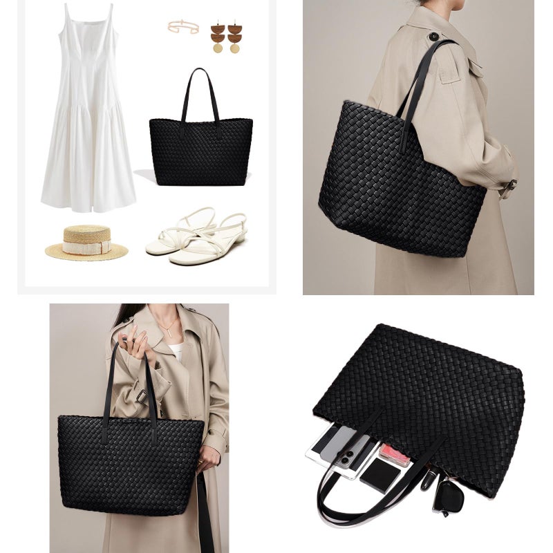 YONGLEE ARTEE Large Capacity Shoulder Handbag Women Woven Leather Tote Bag with Matching Pouch Tote Bag Travel Lightweight Black - Image 2