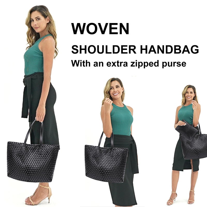 YONGLEE ARTEE Large Capacity Shoulder Handbag Women Woven Leather Tote Bag with Matching Pouch Tote Bag Travel Lightweight Black - Image 5