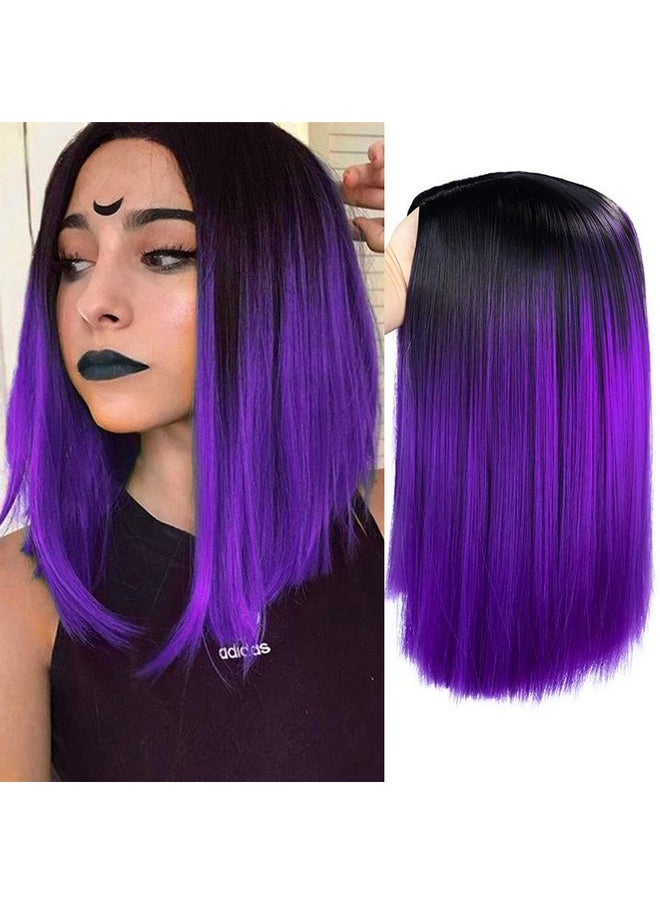 HANNE Ombre Black To Purple Bob Wig Shoulder Length Bob Hair Short Straight Hair Bob Wigs For Women Ombre Purple Wig (Ombre Purple)  - Image 1