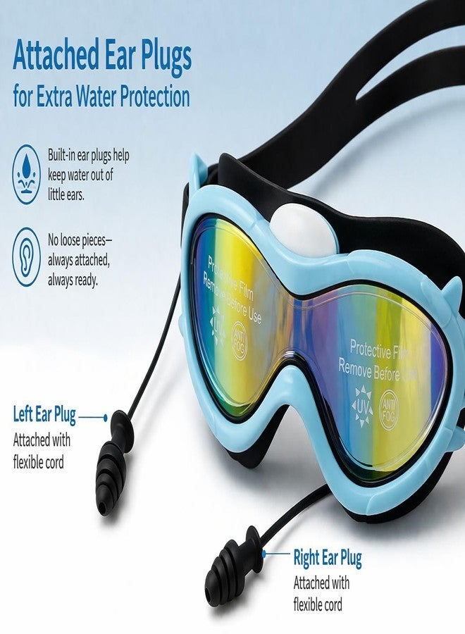 Nubby Dotss Kids Swimming Goggles, Anti-Fog UV Protection Mirrored Lenses, Cat Ear Design, with Ear Plugs and Protective Case (black and blue) - Image 3