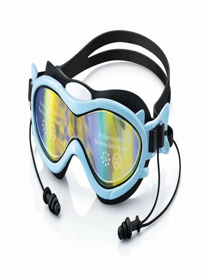 Nubby Dotss Kids Swimming Goggles, Anti-Fog UV Protection Mirrored Lenses, Cat Ear Design, with Ear Plugs and Protective Case (black and blue) - Image 1