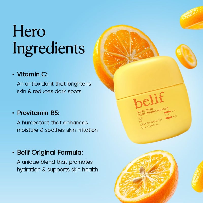 Belif Super Drops Multivitamin Sunquid SPF 50 PA  Korean Sunscreen with Vitamin C  Reduces Redness Dullness  Dark Spots  Lightweight Sunscreen with MultiVitamins  50ML - Image 3