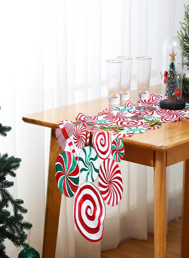 Kingdder Christmas Table Runner Embroidered Poinsettia Lollipop Candy Cane Table Runner Candy Table Mats for Kitchen Party Home Wedding Holiday, Red, White, Green, 70 x 15 Inches - Image 1