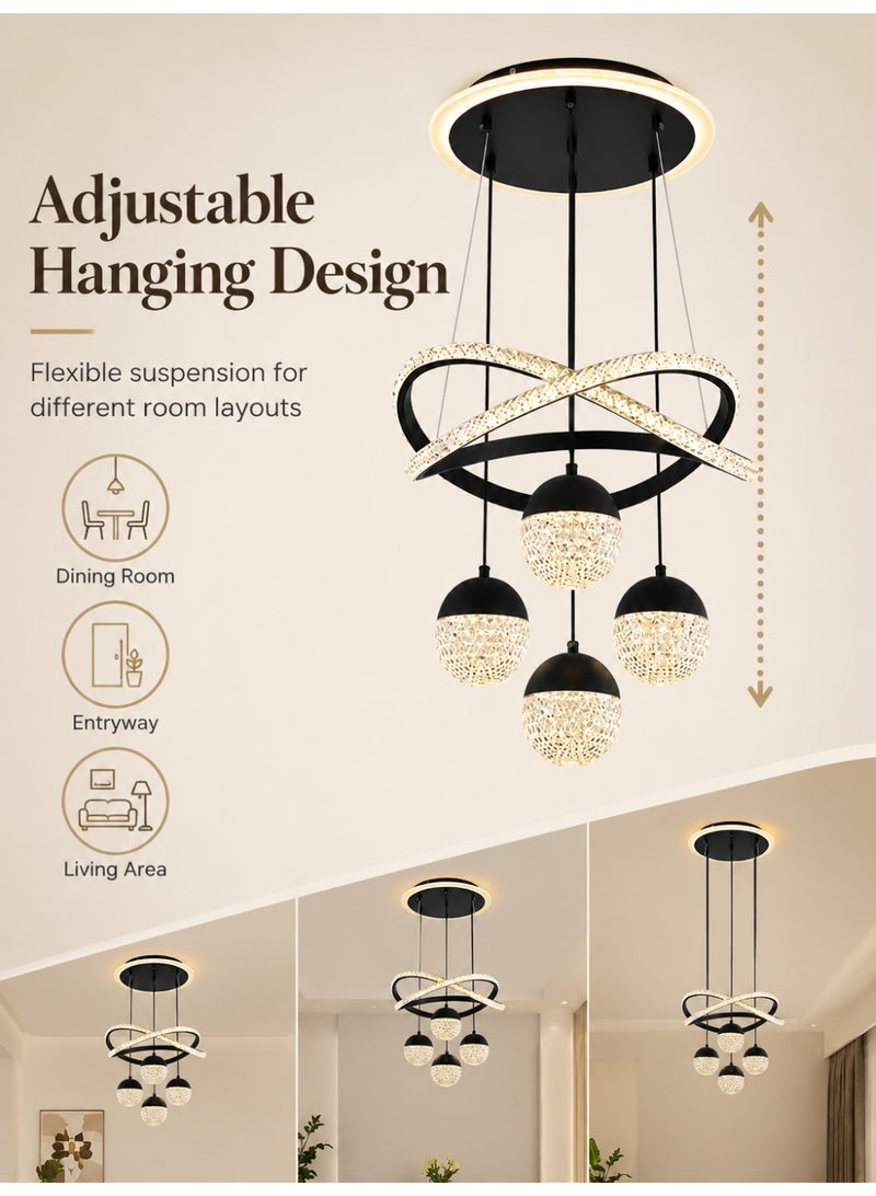 ALongDeng Elegant Black Crystal Chandelier with Adjustable LED Rings – Modern Pendant Lighting for Living Room, Dining, Bedroom, and Stylish Home Interiors - Image 4