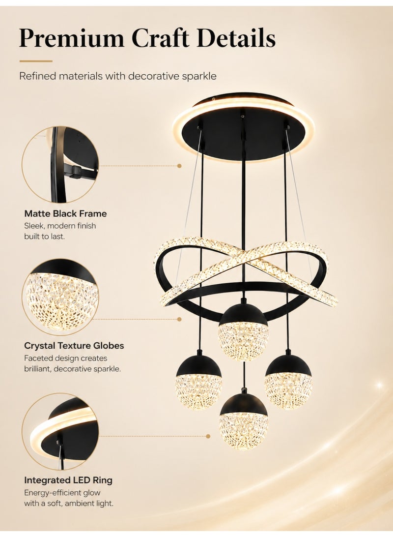 ALongDeng Elegant Black Crystal Chandelier with Adjustable LED Rings – Modern Pendant Lighting for Living Room, Dining, Bedroom, and Stylish Home Interiors - Image 3