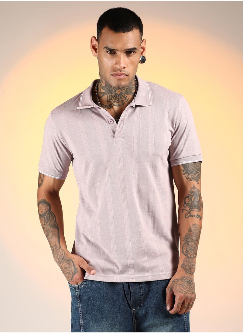 Campus Sutra Men's Nude Pink Lined-Knit Polo T-Shirt  - Image 2