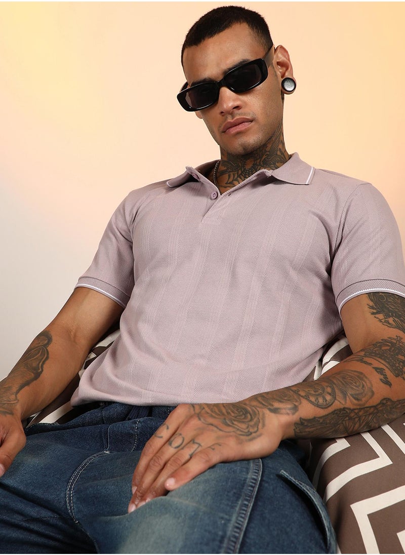 Campus Sutra Men's Nude Pink Lined-Knit Polo T-Shirt  - Image 1