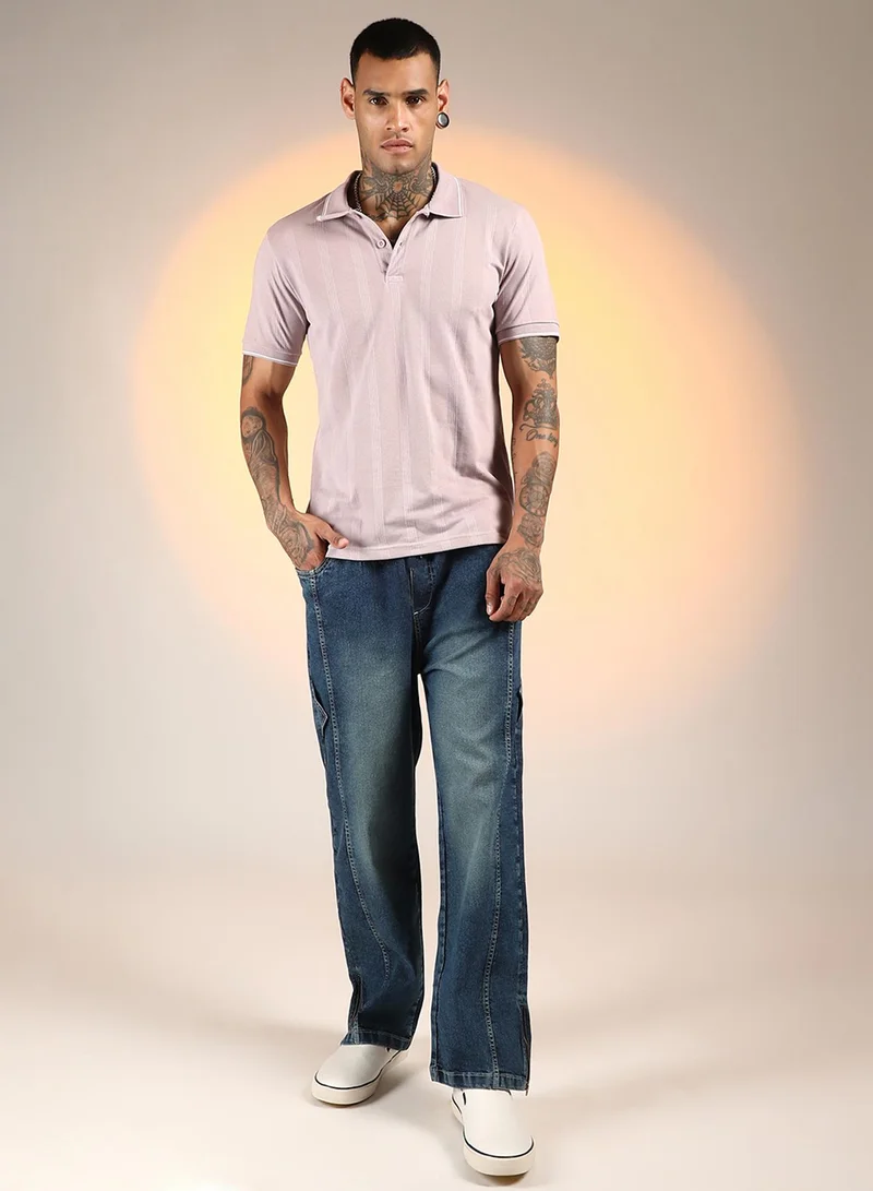 Campus Sutra Men's Nude Pink Lined-Knit Polo T-Shirt