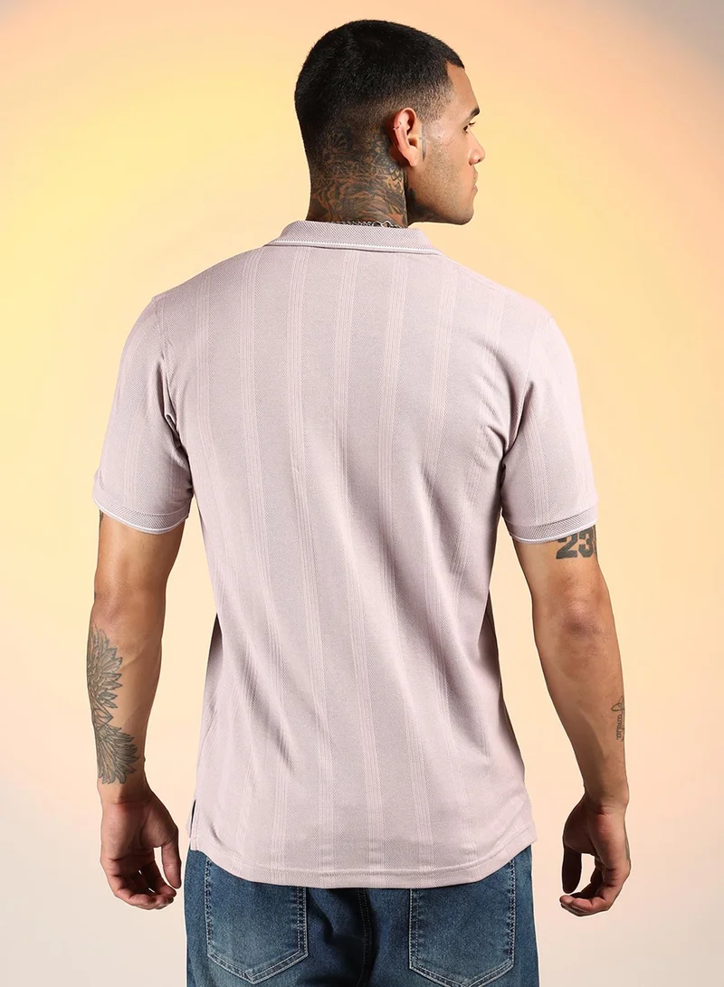 Campus Sutra Men's Nude Pink Lined-Knit Polo T-Shirt