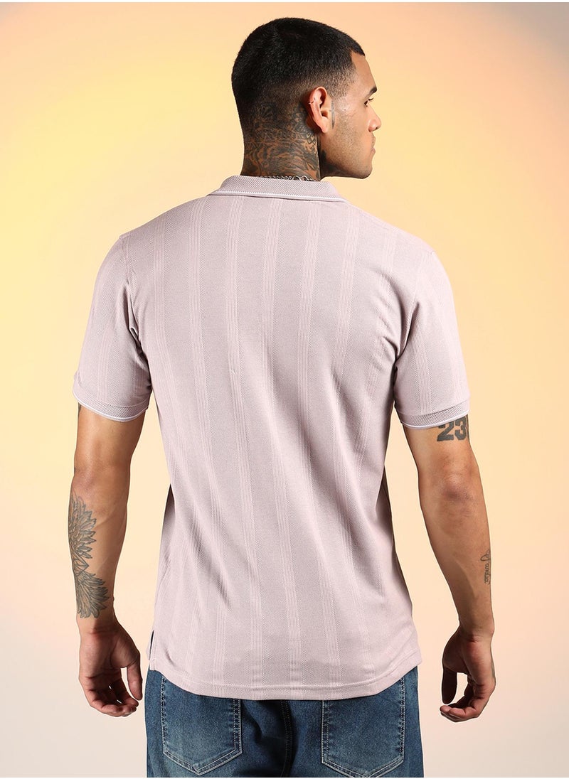 Campus Sutra Men's Nude Pink Lined-Knit Polo T-Shirt  - Image 5