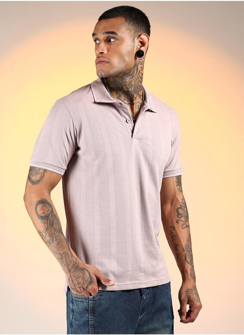 Campus Sutra Men's Nude Pink Lined-Knit Polo T-Shirt  - Image 3