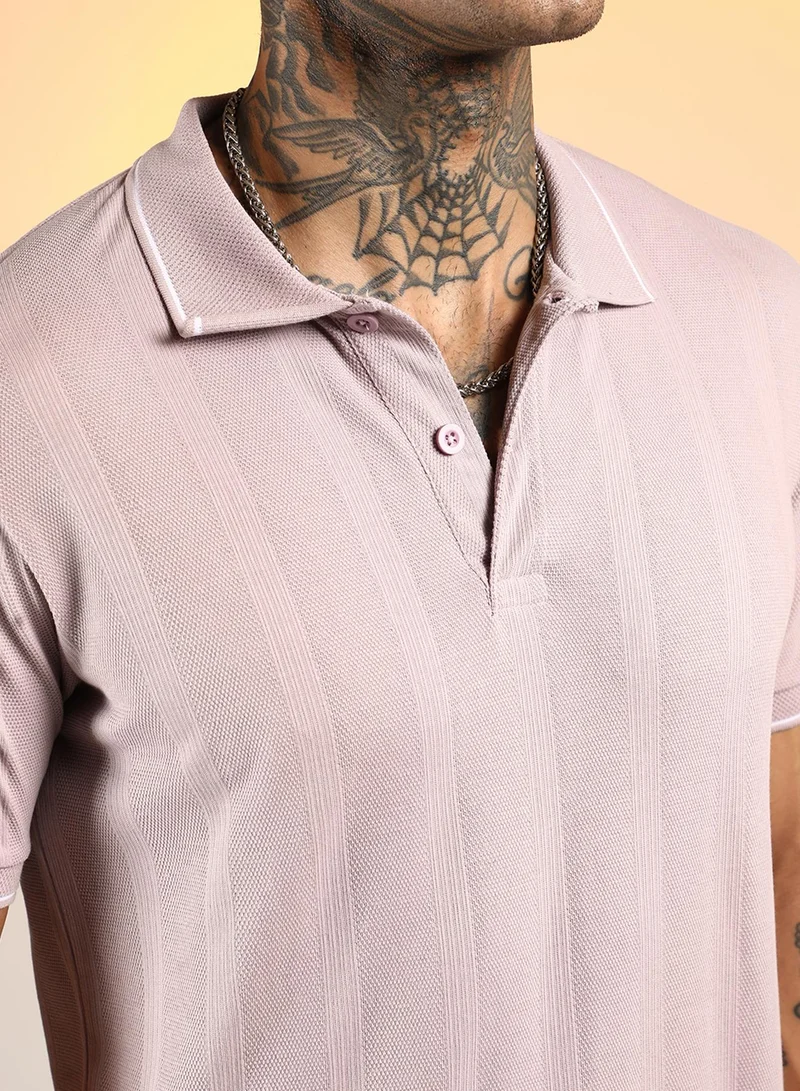 Campus Sutra Men's Nude Pink Lined-Knit Polo T-Shirt