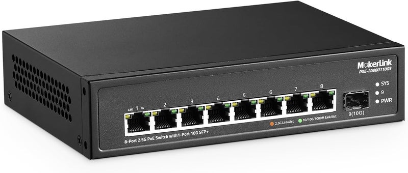 MokerLink 8-Port 2.5G PoE Switch with 10G SFP+ Slot, 8 Base-T 2.5G Ports, 10/100/1000 Mbps Compatible, IEEE8023af/at PoE 120 W, Metal Unmanaged Fanless Small Network Switch - Image 1