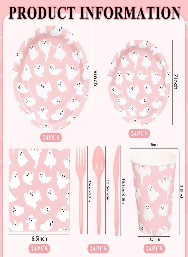 Whaline 168 Pcs Halloween Ghost Paper Tableware Set Pink Cute Ghost Boo Disposable Plates Napkins Cups and Cutlery for 24 Guest Birthday Baby Shower Trick or Treat Party Supplies - Image 2
