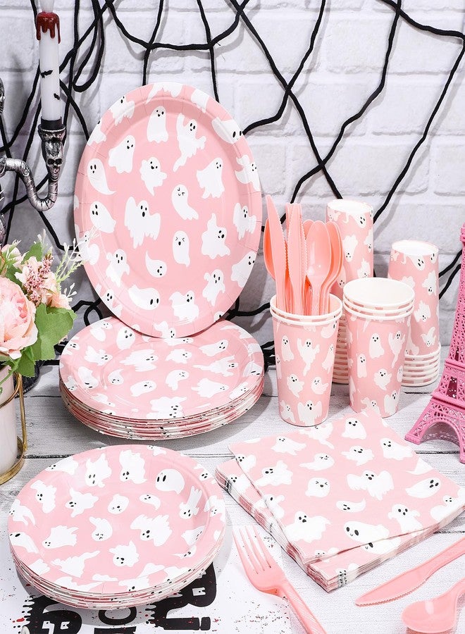 Whaline 168 Pcs Halloween Ghost Paper Tableware Set Pink Cute Ghost Boo Disposable Plates Napkins Cups and Cutlery for 24 Guest Birthday Baby Shower Trick or Treat Party Supplies - Image 3