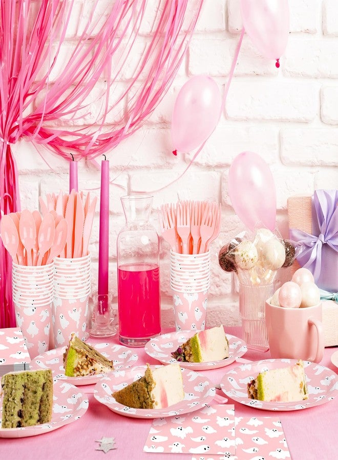 Whaline 168 Pcs Halloween Ghost Paper Tableware Set Pink Cute Ghost Boo Disposable Plates Napkins Cups and Cutlery for 24 Guest Birthday Baby Shower Trick or Treat Party Supplies - Image 4