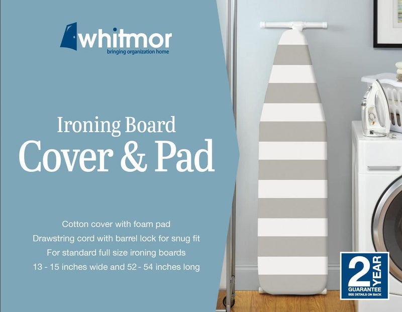 Whitmor Ironing Board Cover with Pad, Paloma Gray Stripe, Cotton, 54"L x 13"W x 0.25"H - Image 2