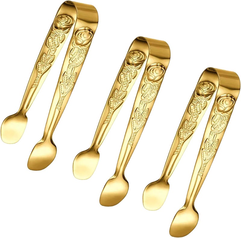 Sunenlyst 3PCS Mini Serving Tongs, 4Inch Rose Stainless Steel Sugar Cube Tongs, Sliver Small Ice Tongs for Tea and Coffee Party, Appetizers, Desserts (Gold) - Image 1