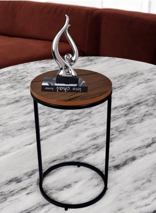 Attractive black metal round side table with brown wood top - a stylish and practical addition to any space, dimensions: 35 cm diameter, 50 cm height. - pzsku/ZEBF7D2DB6C624F2427FCZ/45/_/1734268168/b892b818-5214-48ff-b2b5-7ea57a4d1c02