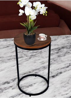 fan baytk Attractive black metal round side table with brown wood top - a stylish and practical addition to any space, dimensions: 35 cm diameter, 50 cm height.  - Image 2