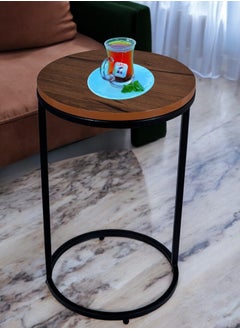 fan baytk Attractive black metal round side table with brown wood top - a stylish and practical addition to any space, dimensions: 35 cm diameter, 50 cm height.  - Image 3
