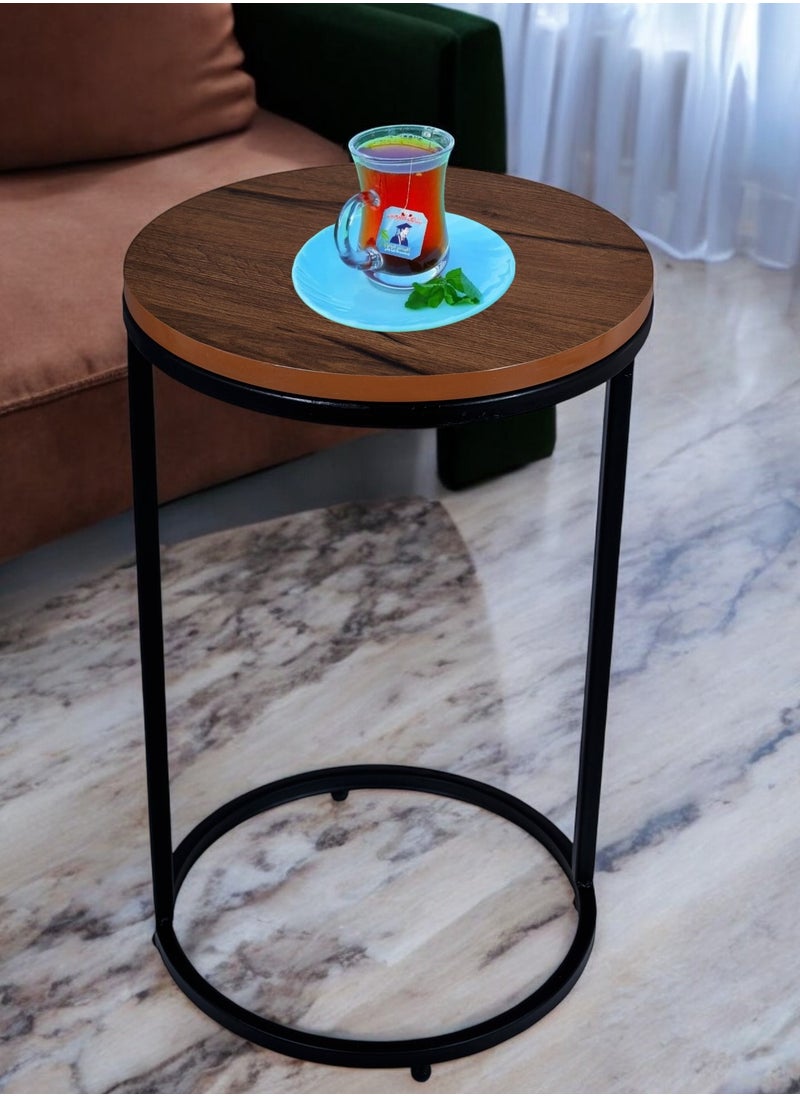 fan baytk - Attractive black metal round side table with brown wood top - a stylish and practical addition to any space, dimensions: 35 cm diameter, 50 cm height. - Image 1