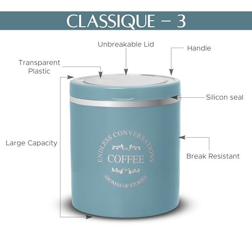 JAYPEE PLUS مجموعة حاويات تخزين الشاي والقهوة والسكر Jaypee Plus Classique سعة 750 مل مع غطاء محكم من البلاستيك، حاويات شاي للمطبخ | قفل مطاطي سيليكون، قابلة للتكديس، لمسة لامعة، غطاء شفاف، أزرق - Image 3