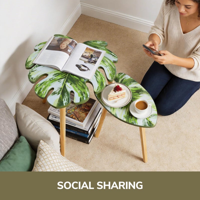 BAMEOS Monstera Leaf Nesting Tables Set of 2, Small Side Tables f Set with Leaf Vein Pattern, Modern Wooden CoffeeTables for Living Room Bedroom Apartment Balcony Yard - Image 3