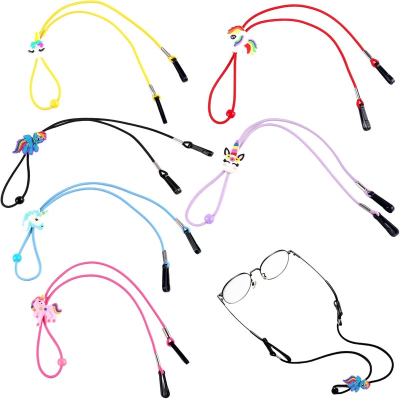 JDLYEVER 6-Piece Kids Glasses Strap Set, Unicorn Rainbow Cartoon Adjustable Elastic Eyeglass Holders, Anti-Lost Neck Hanging Eyewear Retainer, Multifunctional Hat Wind Rope & Mobile Phone Lanyard - Image 1