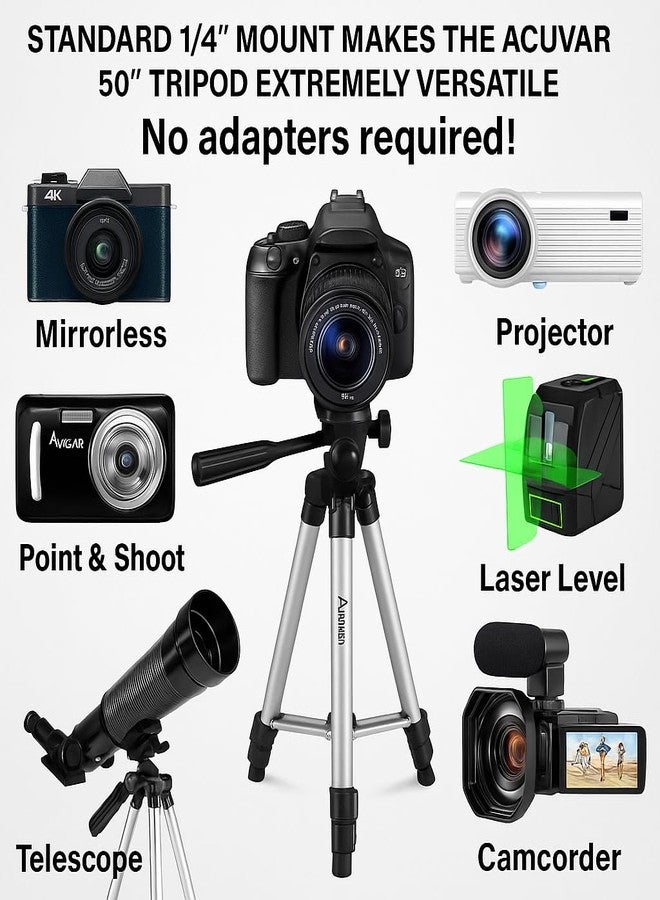 Acuvar 50" Aluminum Tripod for Phones, Cameras & Camcorders with Universal Phone Holder, Remote Shutter & Travel Bag for All Phones, iPhones, Samsung & Tripod for Cameras, Nikon Canon Sony - Image 2