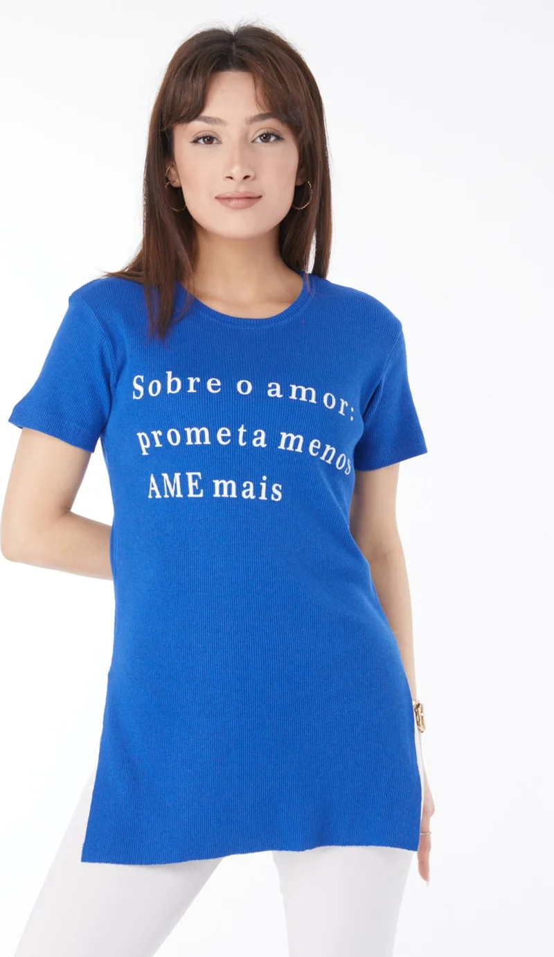 Tofisa Plain Crew Neck Women's Blue Printed Slit T-Shirt - 24792