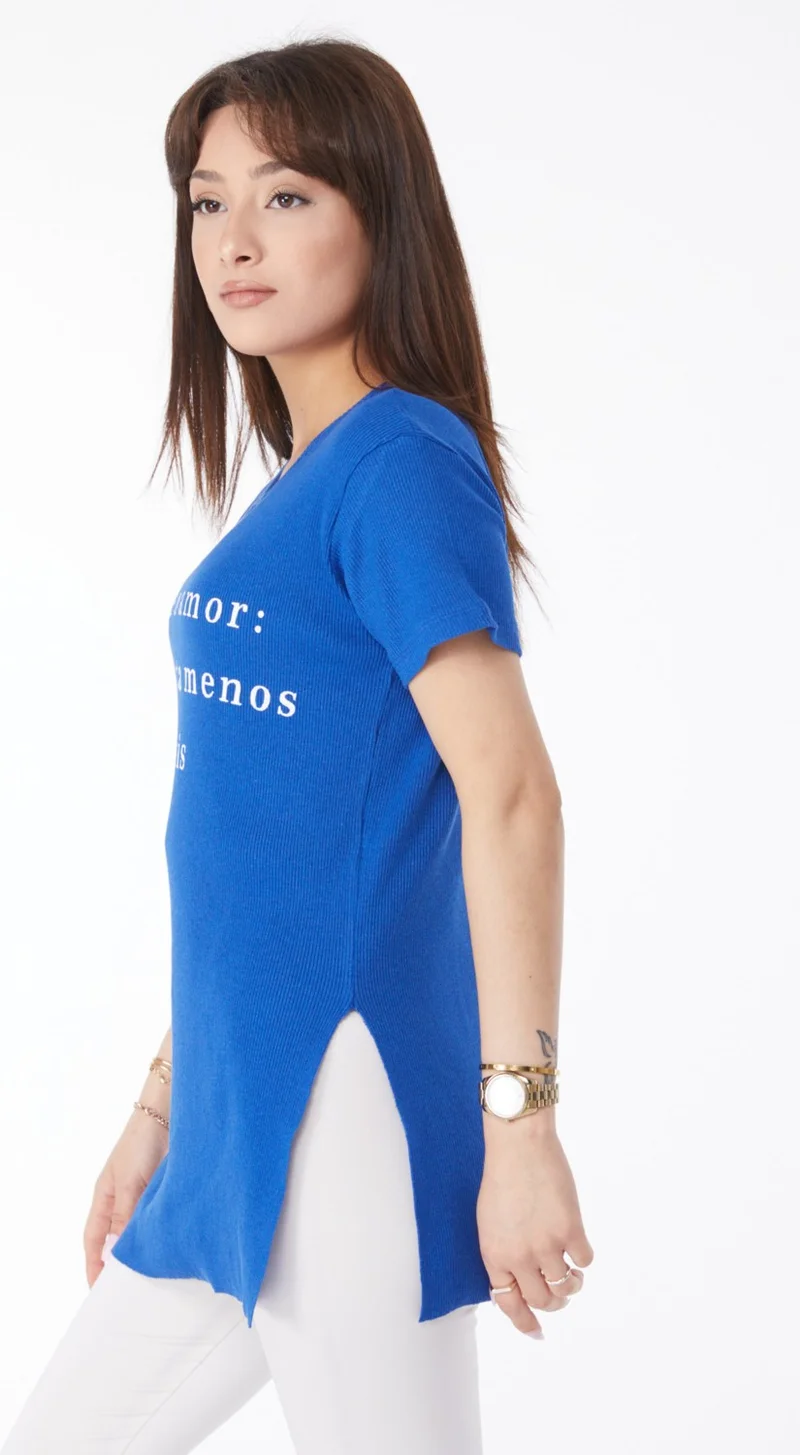 Tofisa Plain Crew Neck Women's Blue Printed Slit T-Shirt - 24792