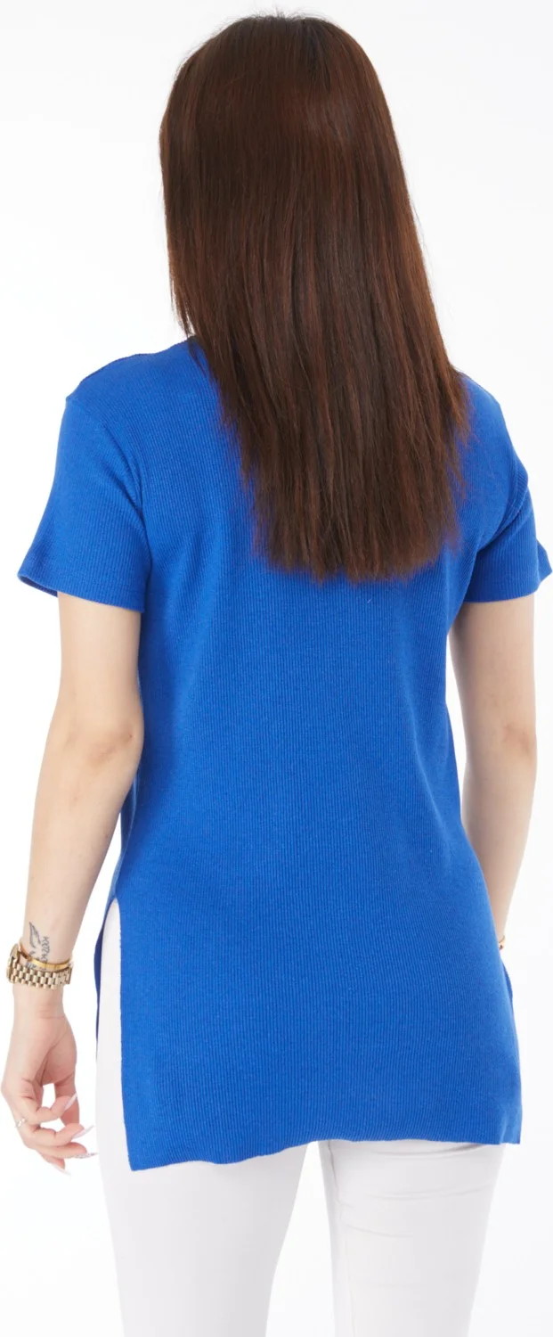 Tofisa Plain Crew Neck Women's Blue Printed Slit T-Shirt - 24792