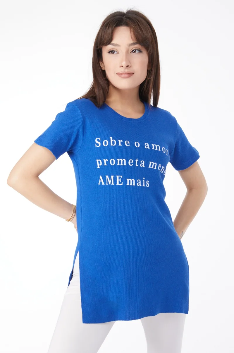Tofisa Plain Crew Neck Women's Blue Printed Slit T-Shirt - 24792