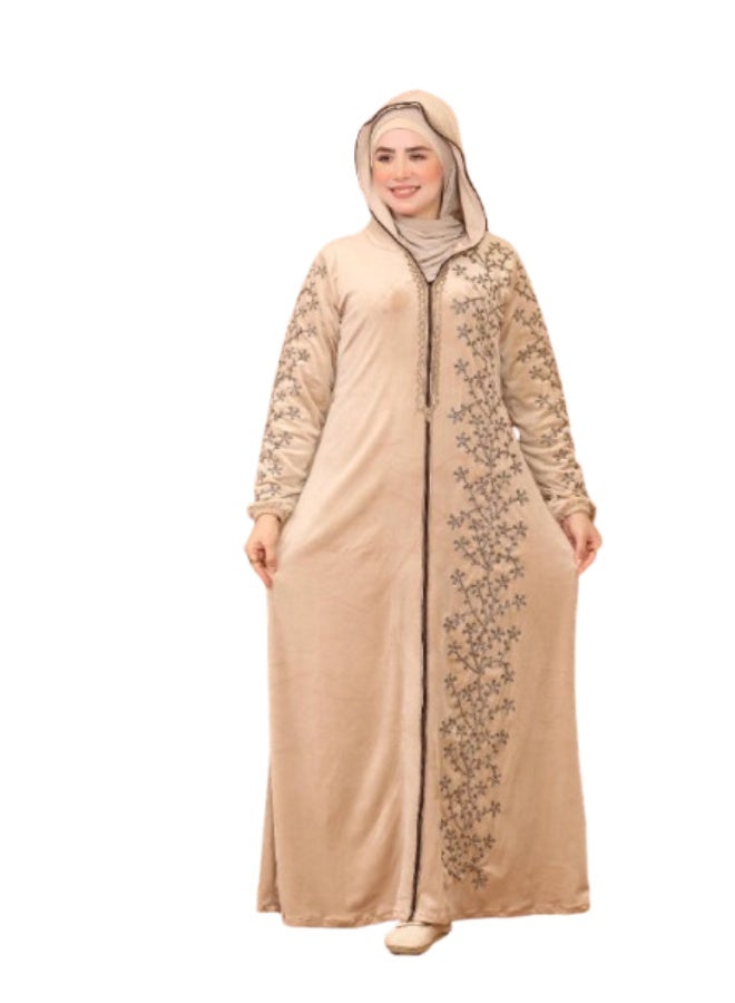 Women's winter velvet abaya for receiving guests and going out – silk and oxidized embroidery – soft Heidi fabric - Image 1