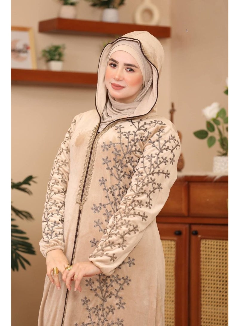 Women's winter velvet abaya for receiving guests and going out – silk and oxidized embroidery – soft Heidi fabric - Image 2