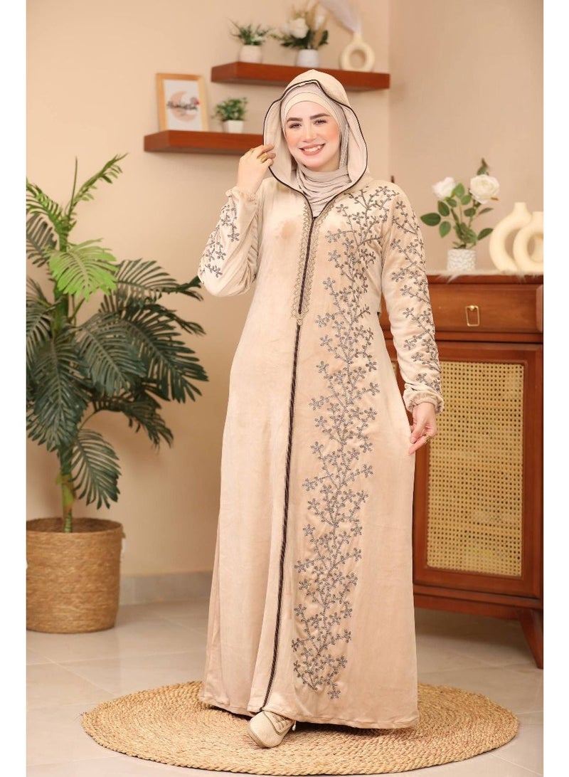 Women's winter velvet abaya for receiving guests and going out – silk and oxidized embroidery – soft Heidi fabric - Image 3