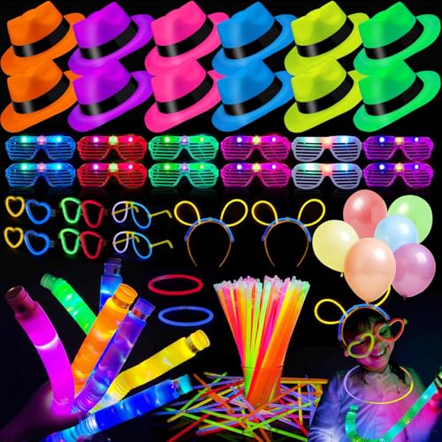HEYTIMI 360PCS Glow in the Dark Party Supplies Light Up Party Favors with Neon Hats LED Glasses Pop Tubes Balloons 200 Glow Sticks Light Up Accessories for Hora Loca Carnival 80s Neon Party Halloween - Image 1