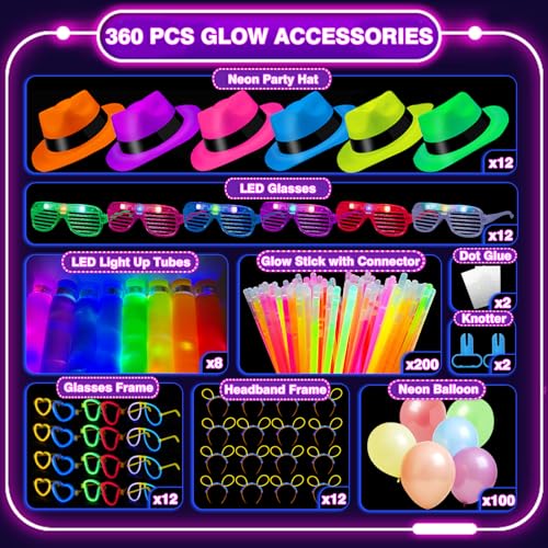 HEYTIMI 360PCS Glow in the Dark Party Supplies Light Up Party Favors with Neon Hats LED Glasses Pop Tubes Balloons 200 Glow Sticks Light Up Accessories for Hora Loca Carnival 80s Neon Party Halloween - Image 5