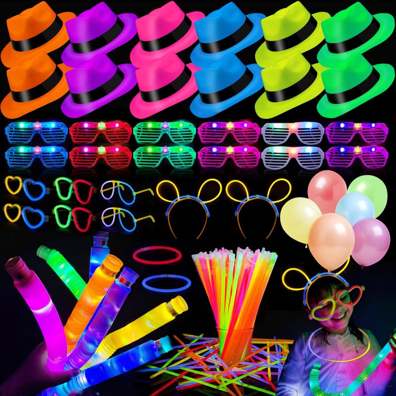 HEYTIMI 360PCS Glow in the Dark Party Supplies Light Up Party Favors with Neon Hats LED Glasses Pop Tubes Balloons 200 Glow Sticks Light Up Accessories for Hora Loca Carnival 80s Neon Party Halloween - Image 3