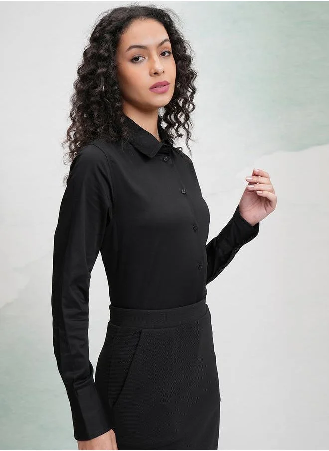 Tokyo Talkies Tokyo Talkies Solid Cotton Long Sleeve Collared Shirt